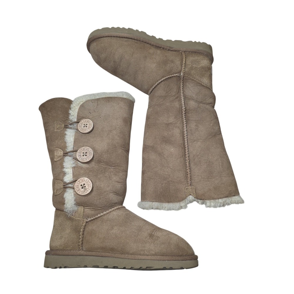 UGG Australia Boots Women 5 Brown Suede Shearling Button Tall Winter Cozy 1873